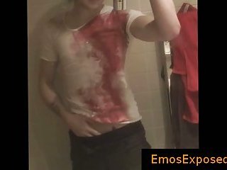 Super hot emo twinks wanking his dick in mirror