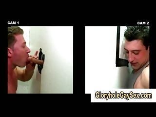 Guy cums in glory hole after being sucked off