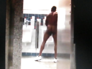 Hung hot  black guy cums at urinal in public toilet