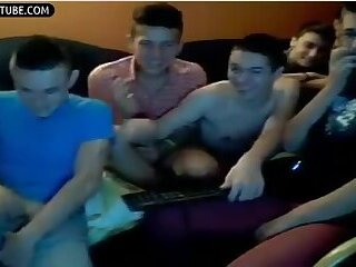 Group young friends for fun jerking on chat