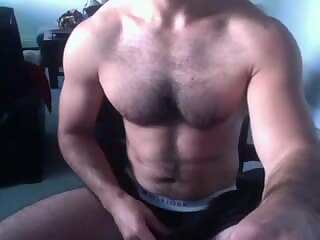 Furry chested muscle bate and cum while talking on mobile