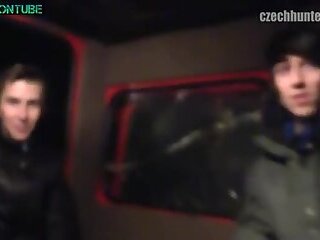Two snowboarders with a truck driver give a blowjob and masturbate for cash