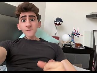 Cute Anime Cartoon Boy Guy Jerks his Cock and Cums on his Face