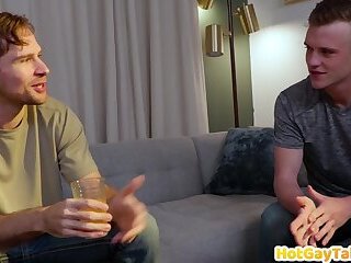 Blond handsome stud bareback fucks his BFs asshole on couch