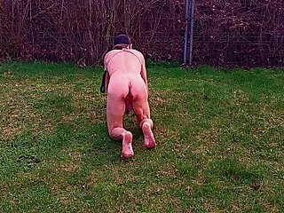 naked pervert gay slave exposed outdoor pee like a dog play public with dildo BDSM